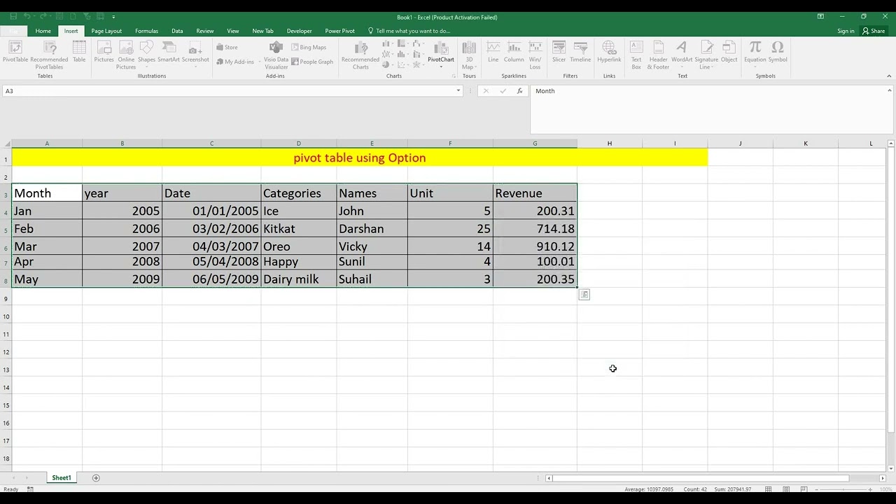 CADD Nest how to insert pivot table using option in Excel