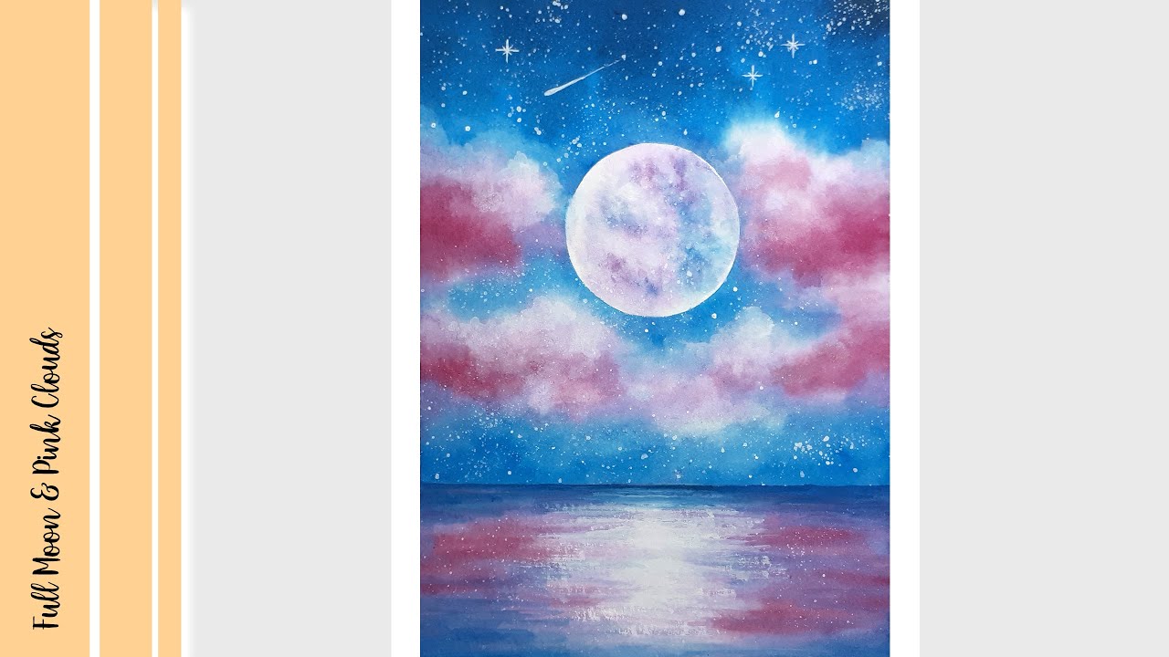 FULL MOON & PINK CLOUDS  | Cotton Candy Skies Watercolor Painting