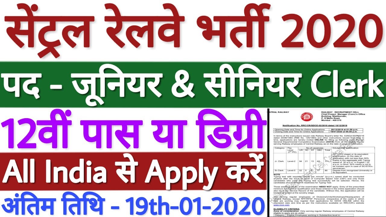 Central Railway Recruitment 2020 For Jr. & Sr Clerk 251 Post | RRC CR Vacancy 2020 - All India