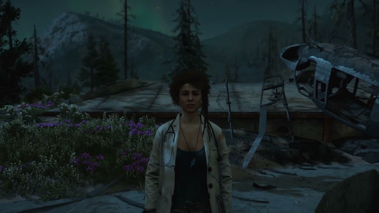 Selene e seu kit de sobrevivência com um crocodilo no antigo bunker Far Cry New Dawn