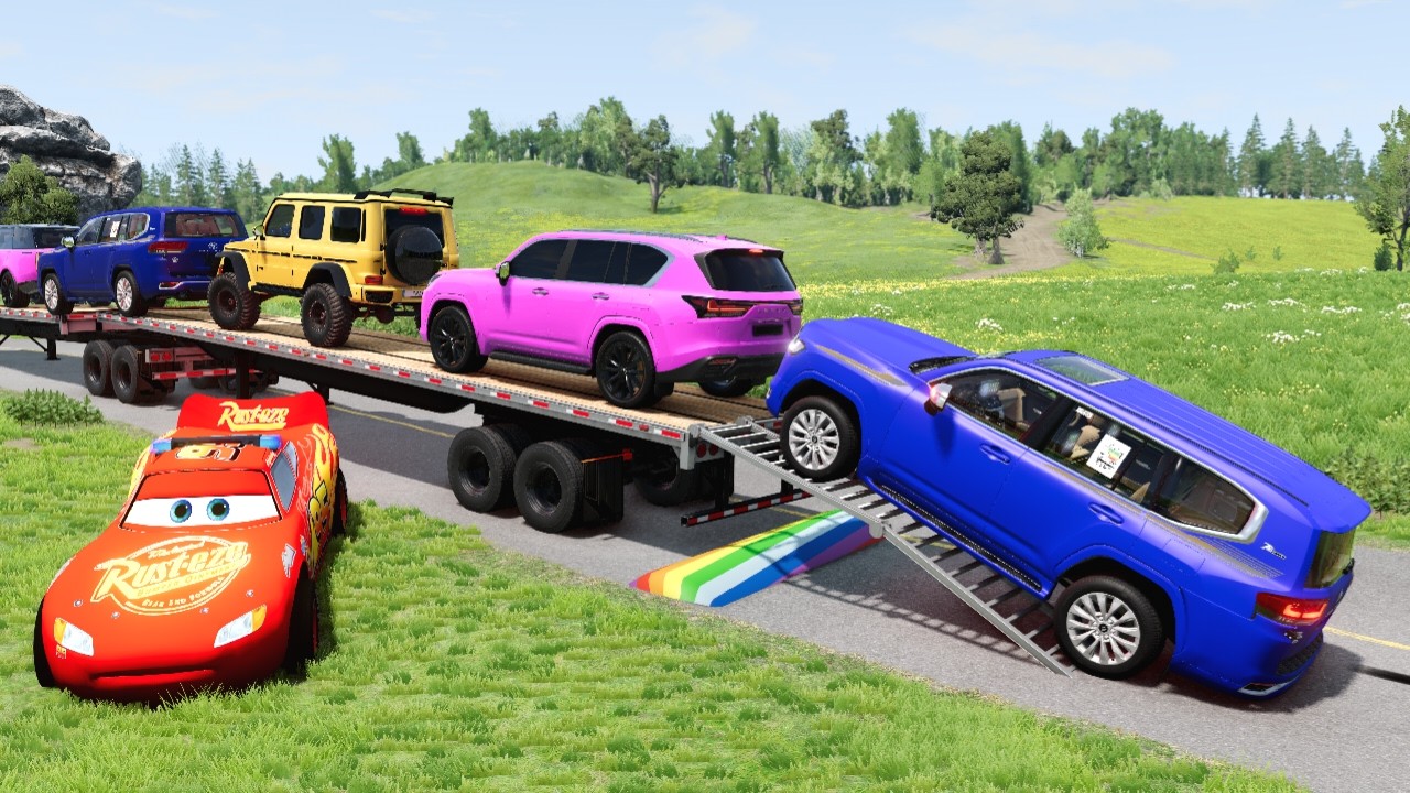 Flatbed Truck McQueen | Transportation with Truck - Pothole vs Car #21 | BeamNG.Drive Gameplay