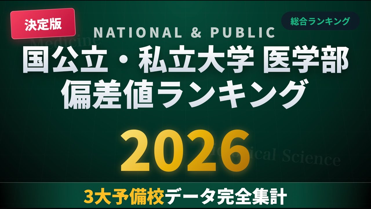 【2026年最新版】国公立・私立大学医学部 偏差値ランキングTOP100 | 3大予備校データ完全集計