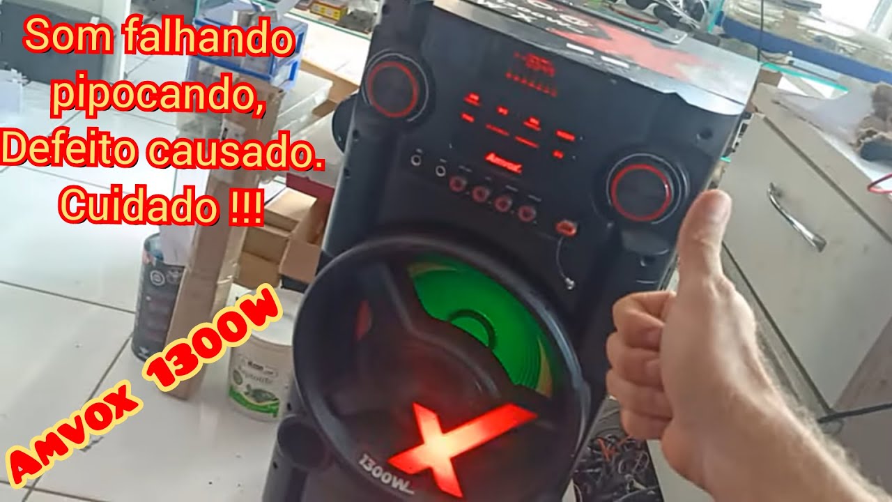 Caixa de som amvox 1300w NEW X com o som pipocando falhando quando liga as luzes da caixa, 🤷🏼‍♂️