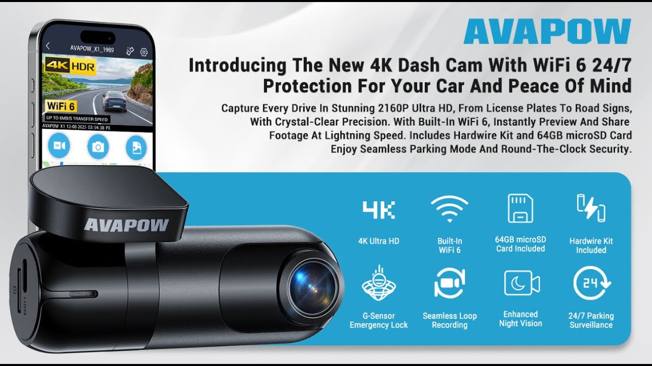 AVAPOW 4K Dash Cam | Ultra-clear Recording, WiFi 6 & 24H Parking Protection