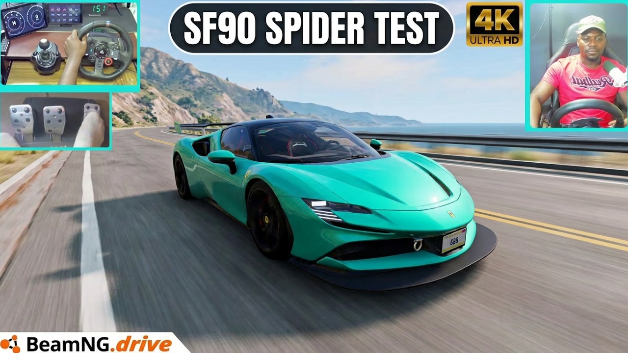Тест-драйв модифицированной версии Ferrari SF90 Spider в BeamNG с использованием контроллера Logi...