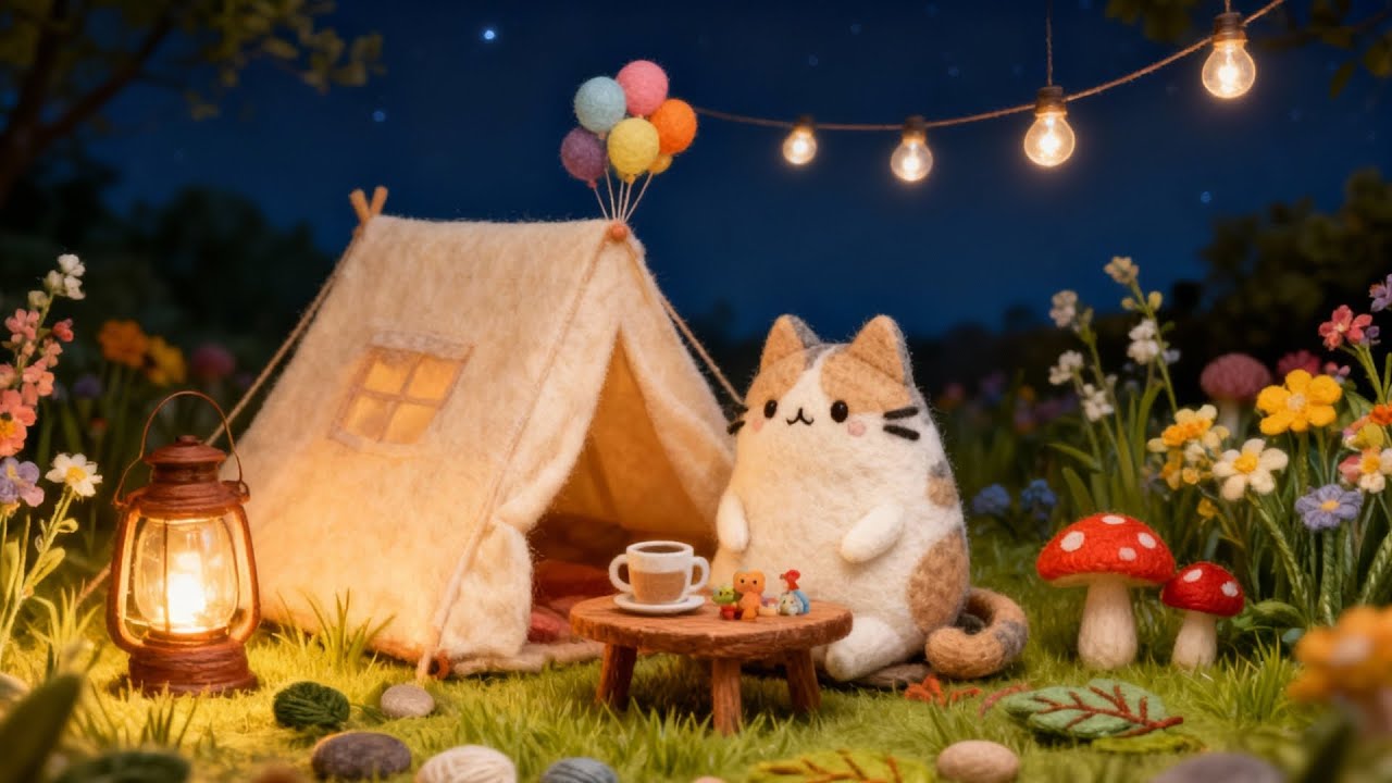 Magical Night Camping Ambience Mochi Cat 💤 Jazz Lofi for Sleep & Study Music