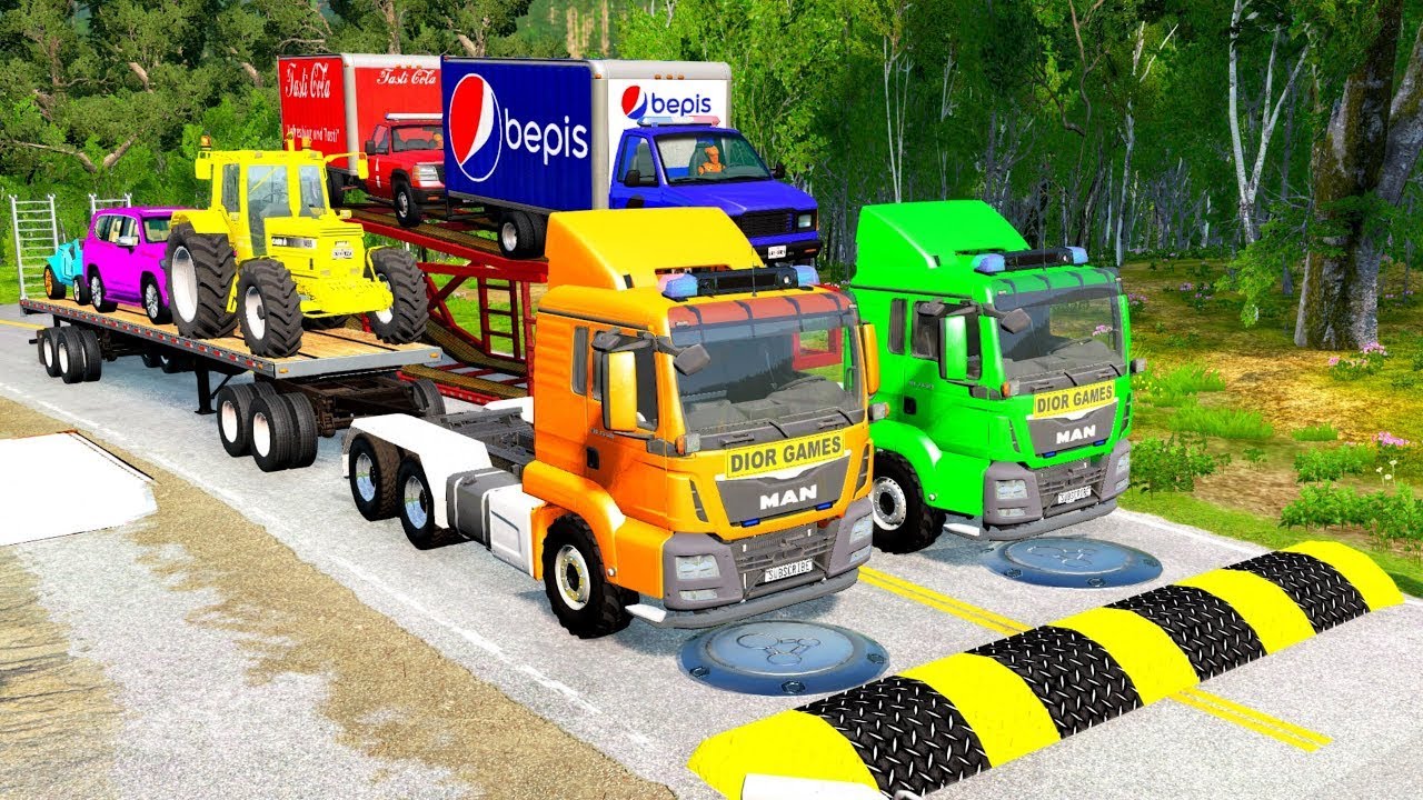 TRANSPORTING PIXAR CARS & FRUITS WITH COLORED & JOHN DEERE vs CLAAS vs TRACTORS - BeamNG.drive #962