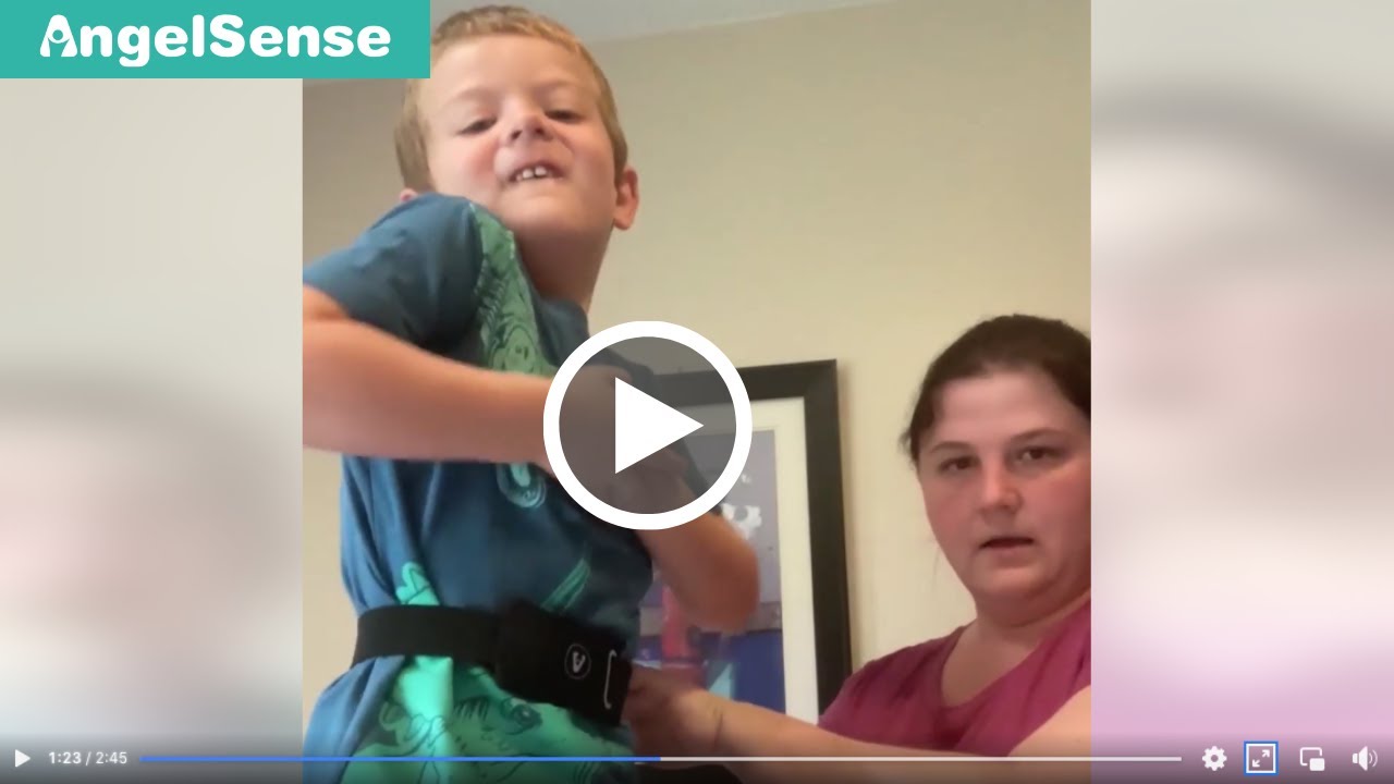 Tiffany shows how her autistic son wears the AngelSense GPS tracking device