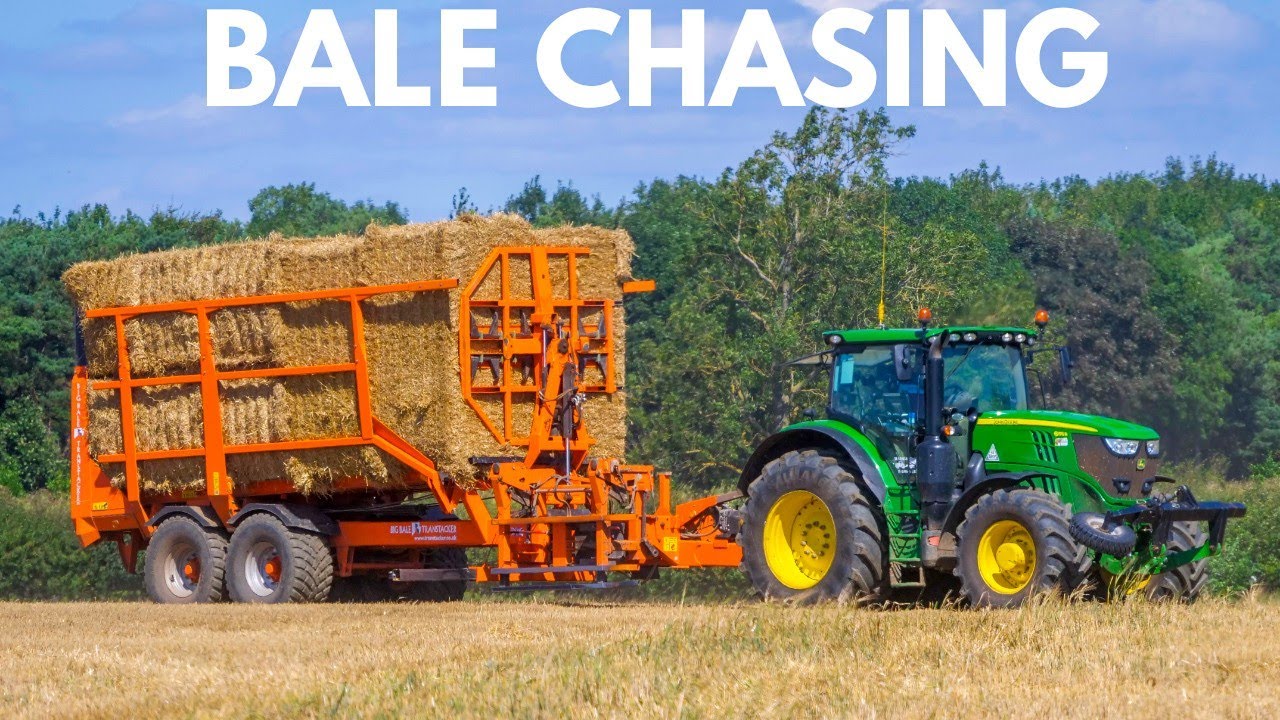 John Deere 6195R & Big Bale Transtacker Bale Chasing Straw - Harrison Agri