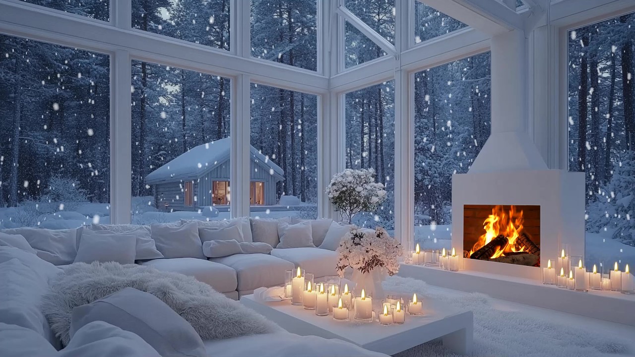 🔥🎶 Cozy Fireside Piano Haven | Snowfall Outside & Elegant White Flowers | Focus Relax Study