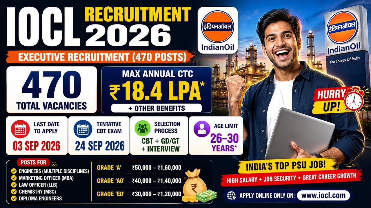 IOCL Recruitment 2026 🔥 470 Vacancies | ₹18.4 LPA Salary | Engineers + MBA + Diploma | Lst Dt 3 Sept