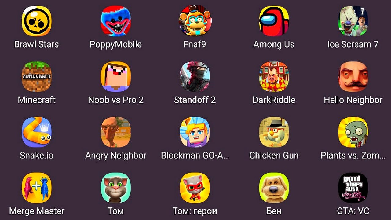 Ice Scream 7,Poppy Playtime,FNAF 9,Noob Vs Pro 2,Blockman Go,My Talking Tom