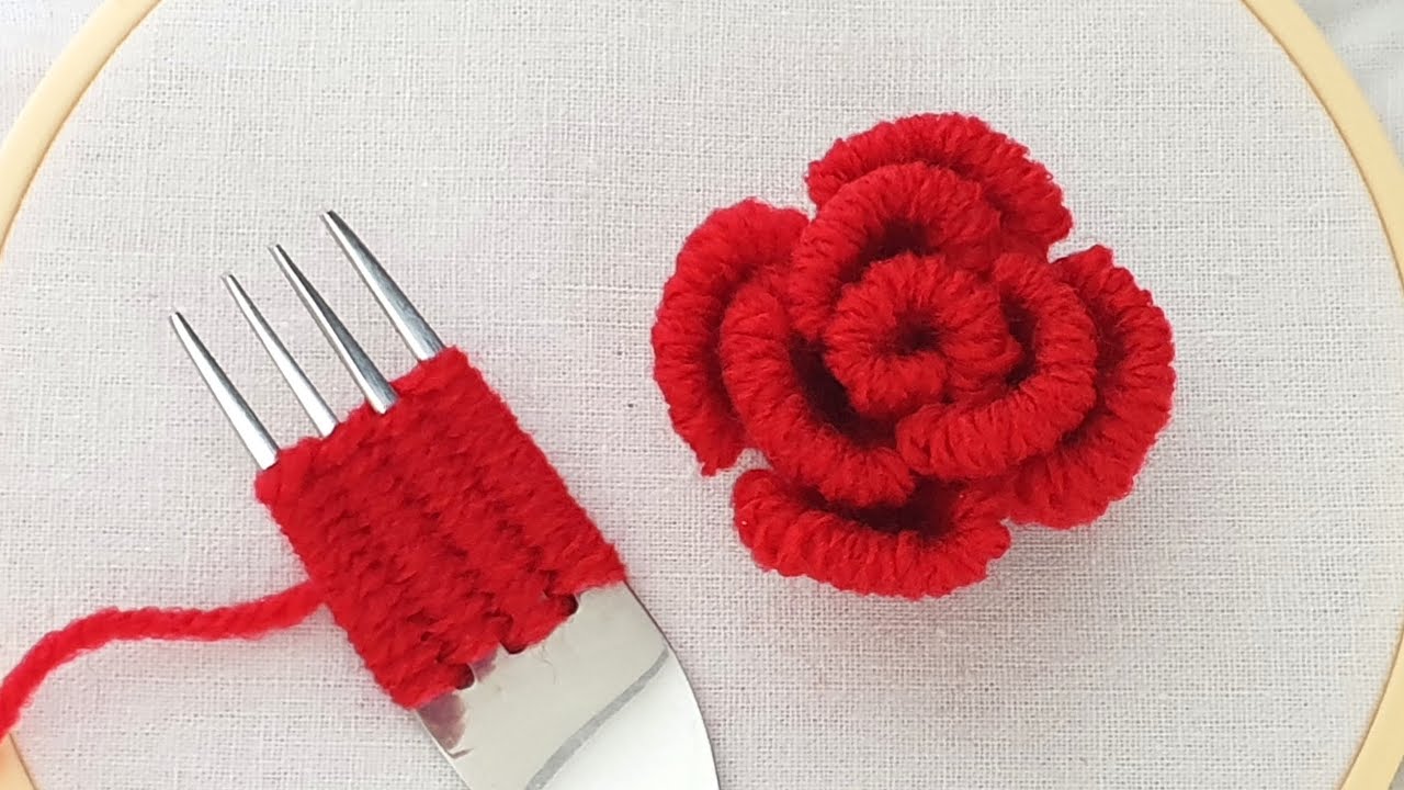 Amazing Trick with Fork - Easy Woolen Rose Making - Hand Embroidery Hack - DIY Woolen Flowers