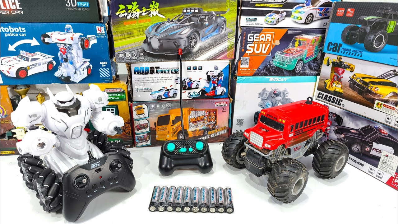 Unboxing RC Monster Truck 1:32 scale, Police Car, Telolet Truck & Locomotive Train, RC Robot