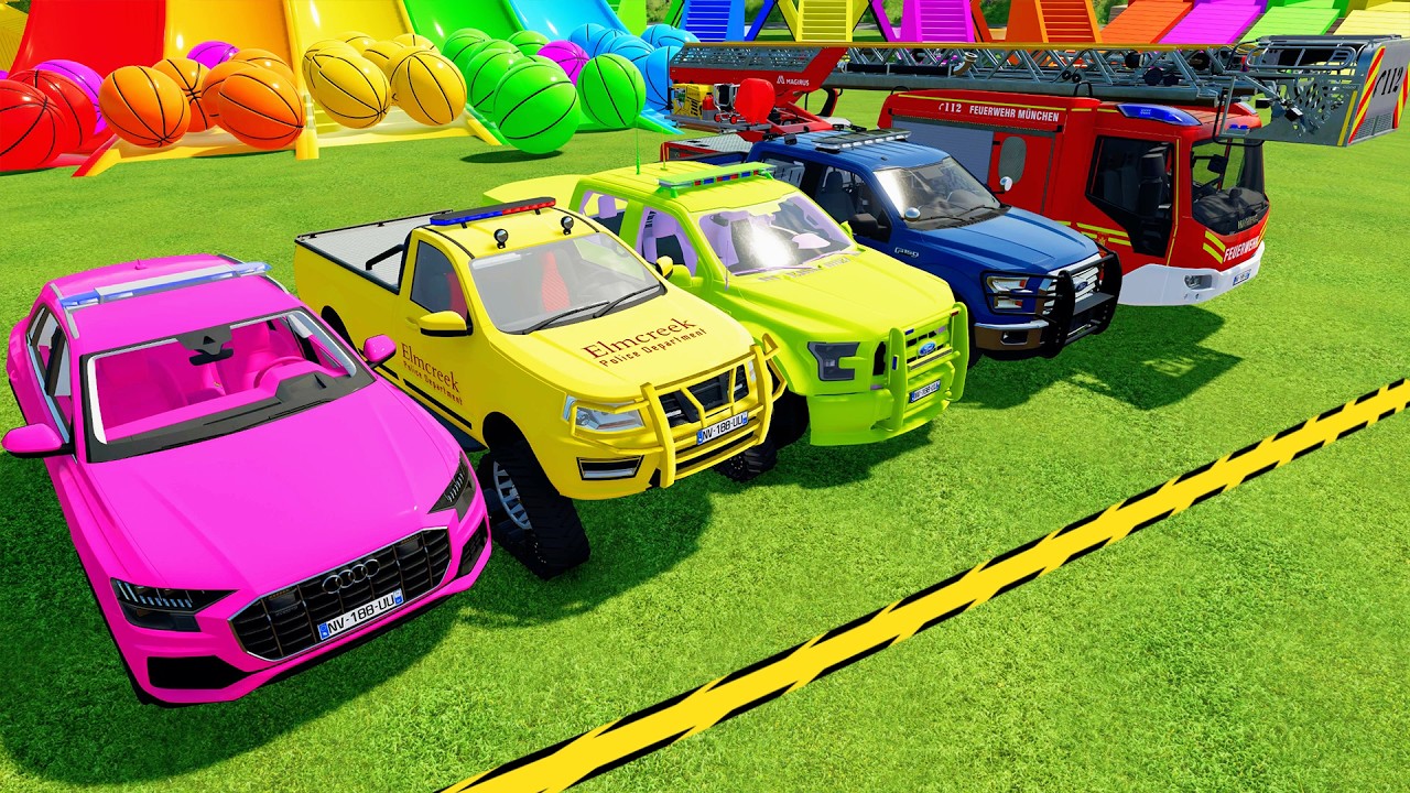 AUDI POLICE CARS, FIRE DEPARTMENT, AMBULANCE EMERGENCY VEHICLES TRANSPORTING WITH MAN TRUCKS ! FS25