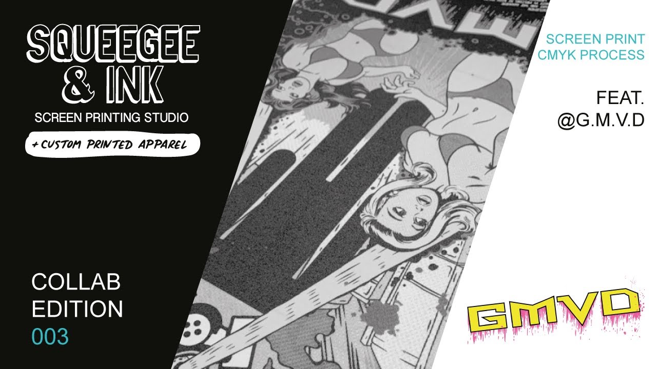 Screen printing CMYK process to achieve a full colour image.