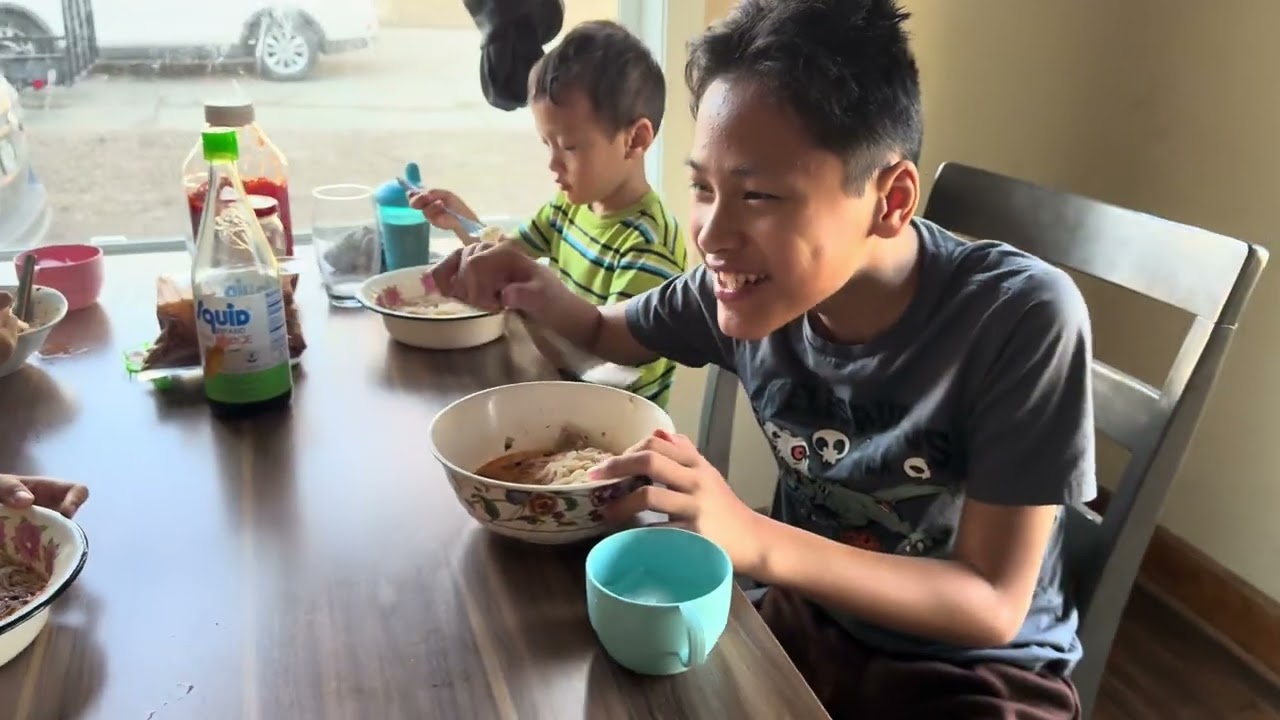 Rice noodle today’s, yesterday was pho and fried chicken. Noodle are their favorites.