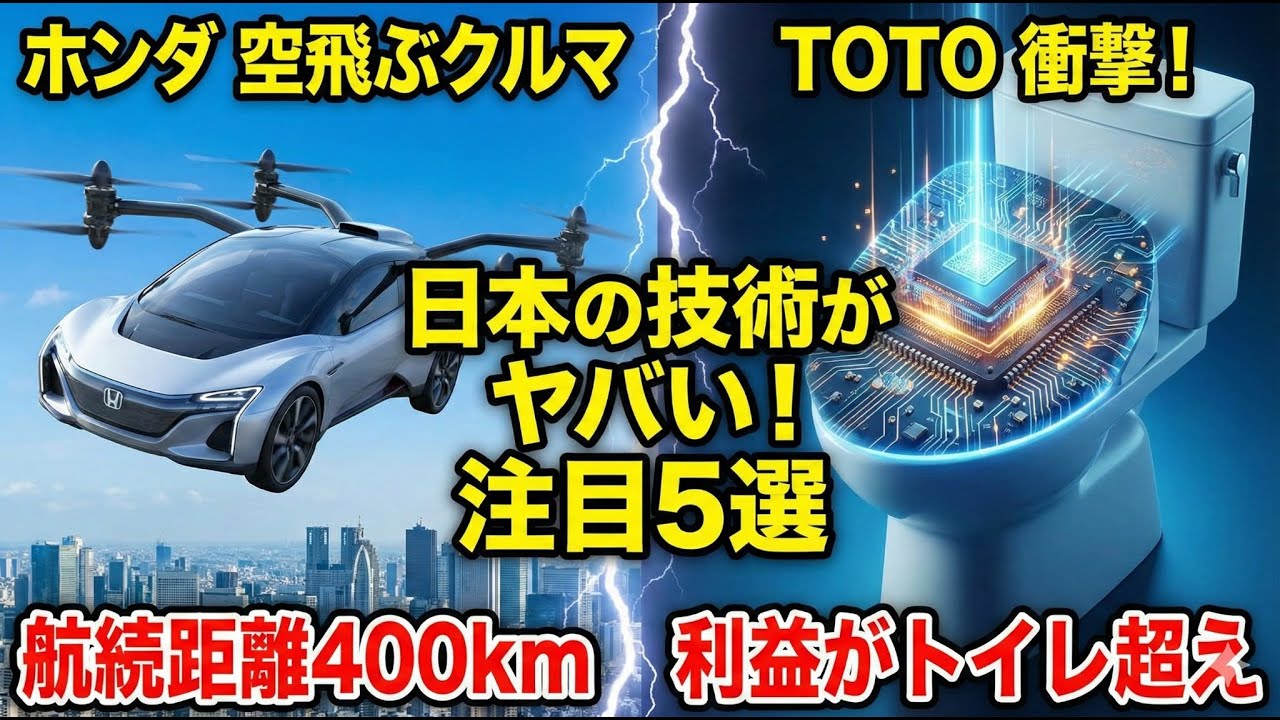 【衝撃】TOTOの稼ぎ頭が「トイレ」じゃなくなった！ホンダの空飛ぶクルマは400km飛行へ。日本の技術ニュース注目5選