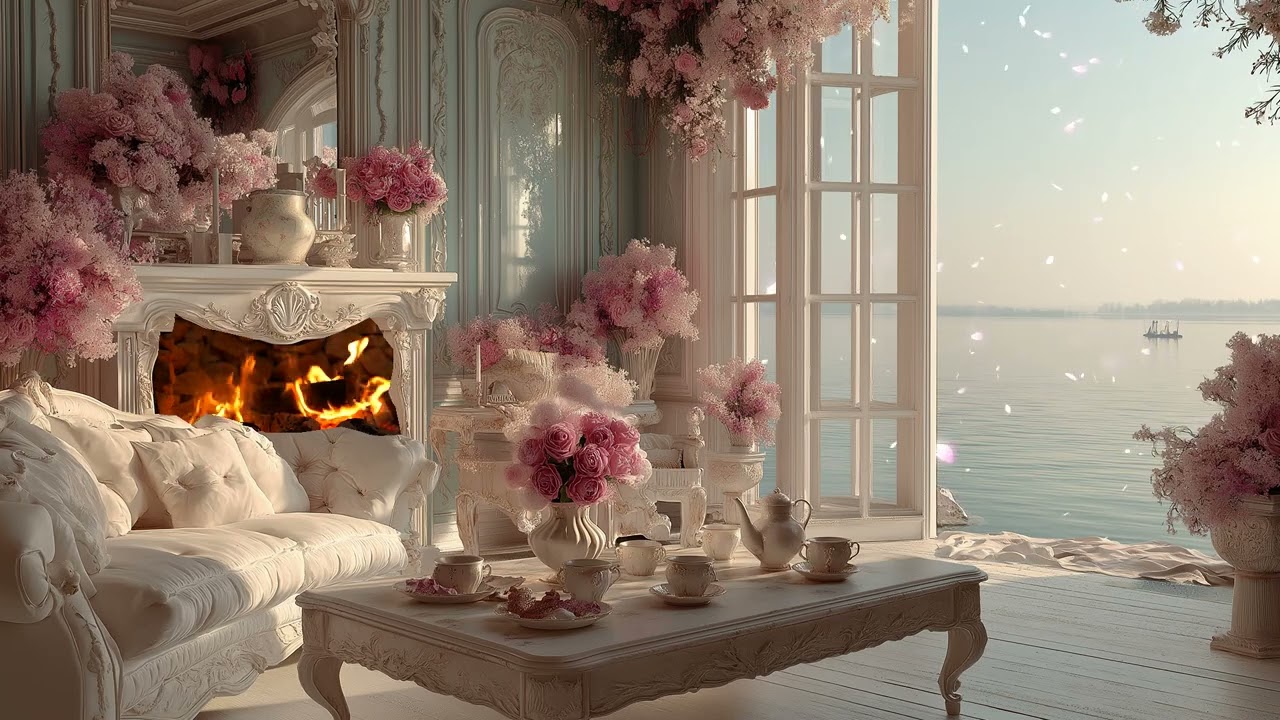 🌸🔥 Blooming Spring Piano Night | Cozy White Lounge & Warm Firelight | 3 Hours Study Sleep Meditation