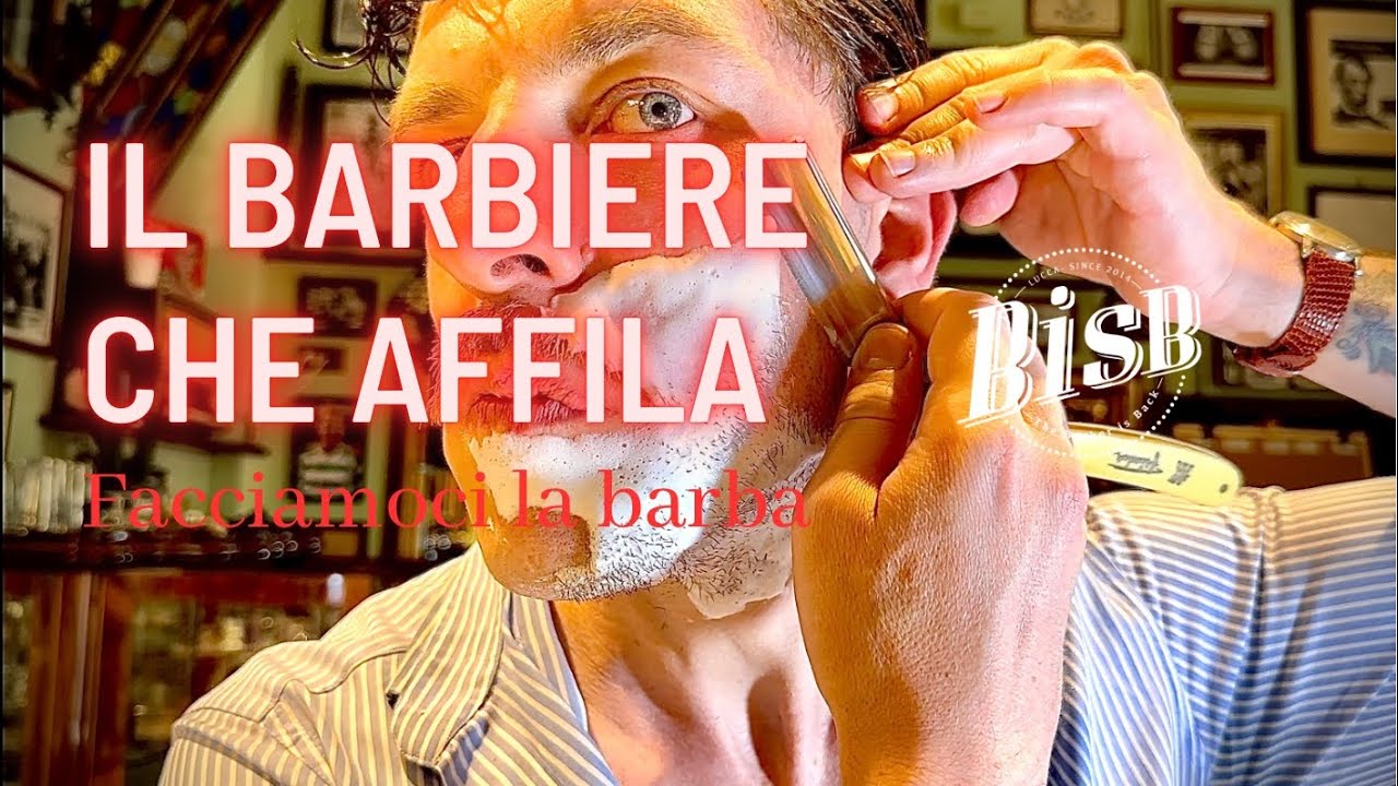 Il barbiere che affila FACCIAMOCI LA BARBA rasoio barbiere insaponatura rasatura italiana