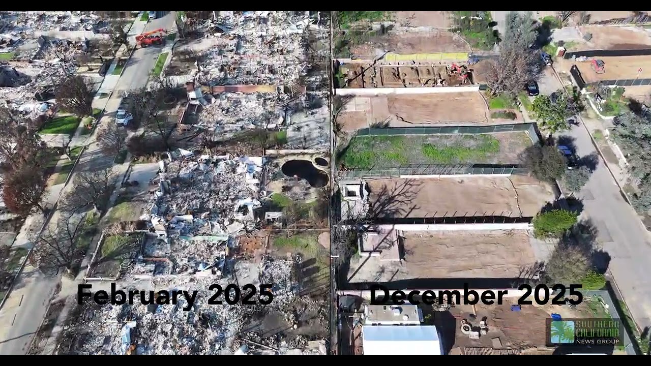 Then & Now: Aerial images showing the aftermath of the Palisades Fire now and 11 months later.