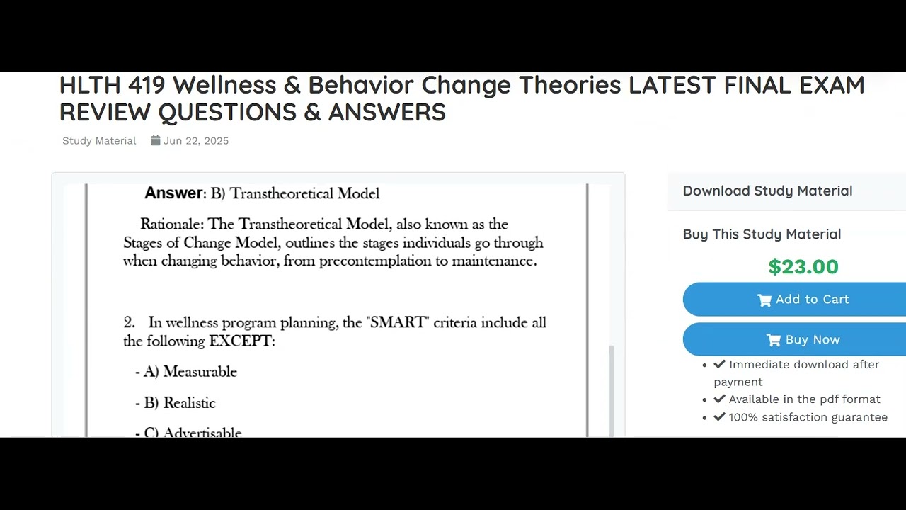 HLTH 419 Wellness & Behavior Change Theories LATEST FINAL EXAM REVIEW QUESTIONS & ANSWERS