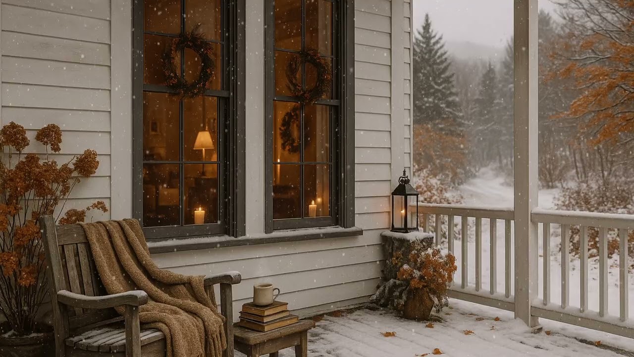 Snowfall on the Front Porch | Quiet Early Winter Ambience with Warm Window Glow ❄️