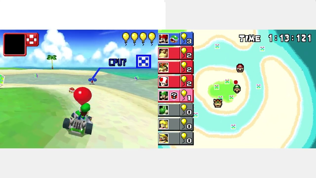 Mario Kart DS Balloon Battle on Palm Shore 4x Native Resolution + Both Screens (DeSmuME)