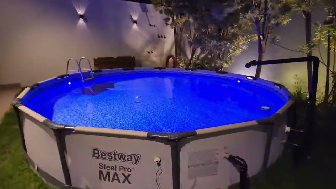 Piscina Bestway Steel Pro Max estrutural 10.000 litros aquecida LED RGB, cascata,  filtro de areia