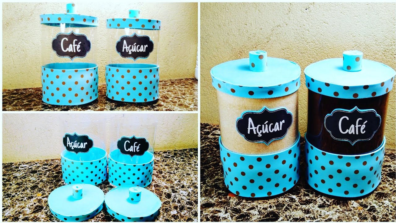 POTES DECORADOS DE GARRAFAS PET / VASILHAS FEITAS DE GARRAFAS PET PARA CAFÉ E AÇÚCAR