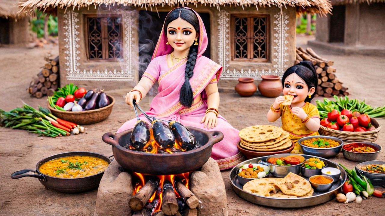 Miniature Village Wife Cooking Dal Baingan Bharta Thali for Kisan 🌾 | Mini Village Rasoi ASMR