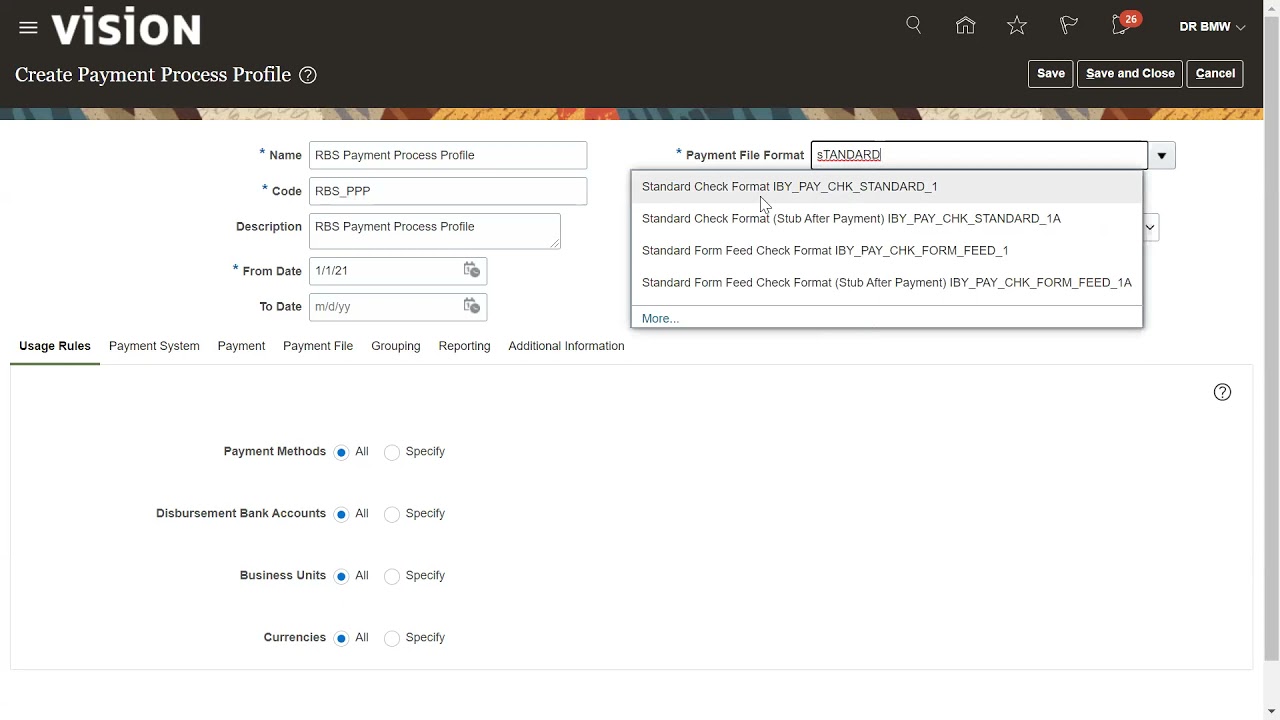Create Payment Process Profile Oracle Financials Cloud