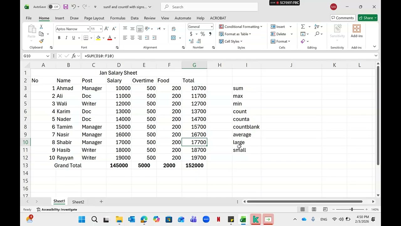 کار عملی ساده sum, max, min, count, counta, countblank, average, large and small