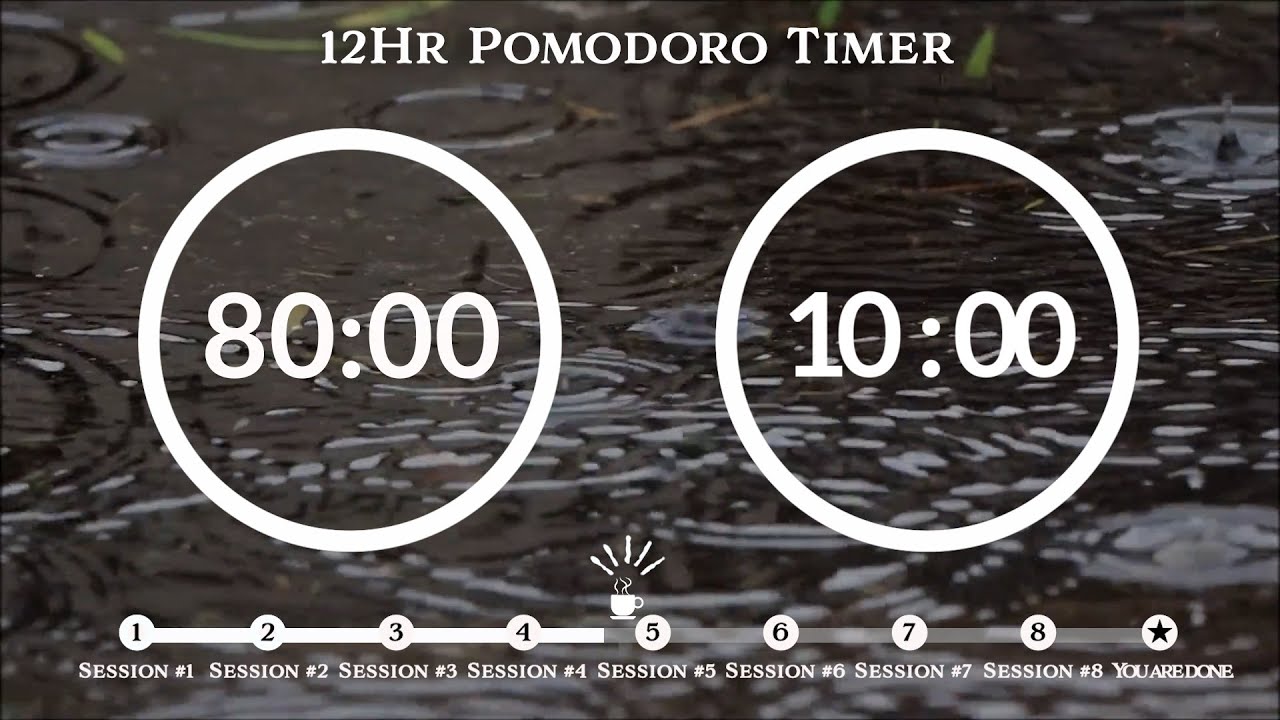80 Minute Pomodoro Timer 🌧Rain sound (비소리 ASMR) 📚12-Hour Study ⏱Pomodoro 80/10, 80 min x8 sets