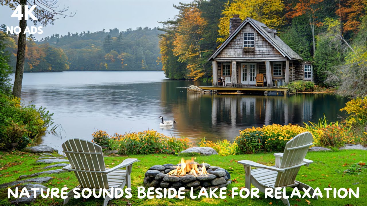 Nature Sounds for Relaxation (NO ADS) | Lakeside Cabin & Gentle Fire Crackling, Quiet Ambience 4K