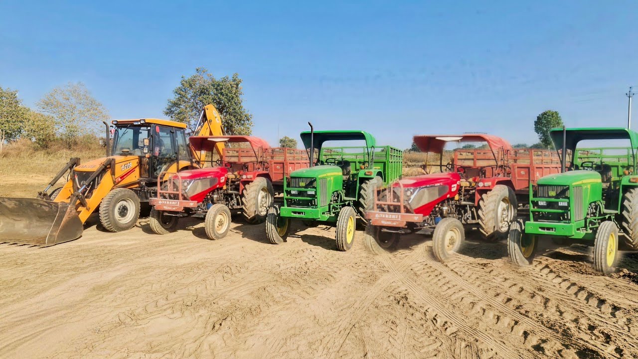 New JCB 3dx Machine Loading Mud John Deere tractor and Solis tractor Mahindra tractor Swaraj tractor