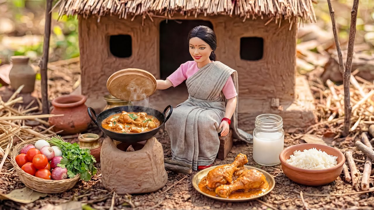 Miniature Doll Fried Chicken Thigh Rice Cooking ASMR | Indian Village Tiny Kitchen Story