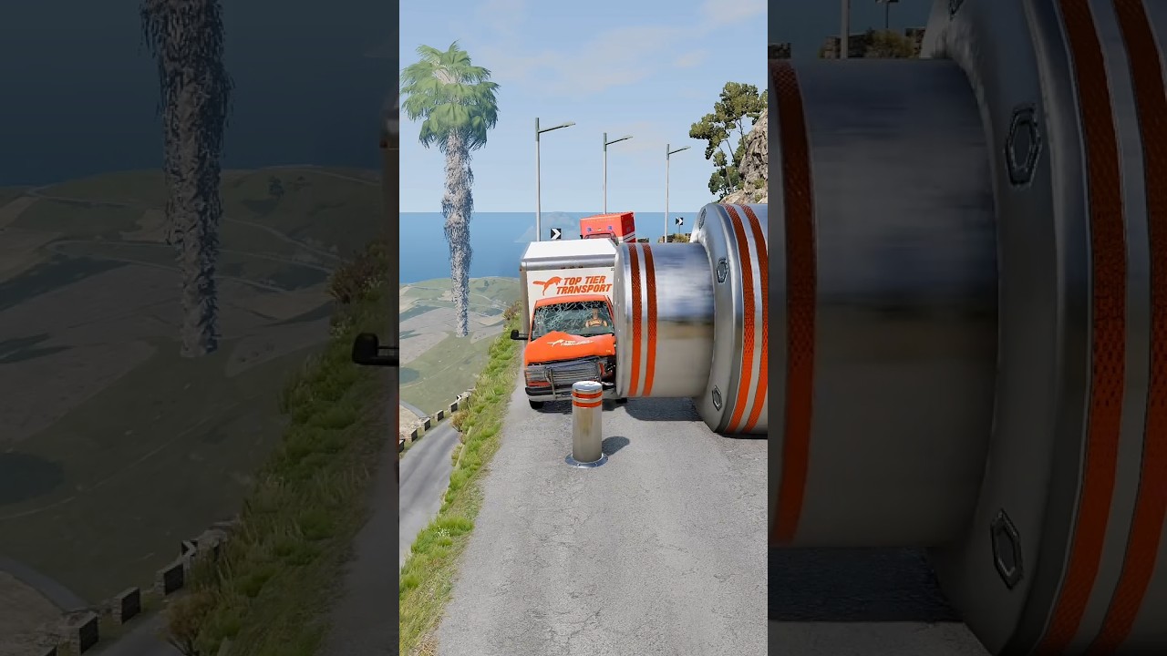 Cars & School Bus vs Giant Pit Bollards Crash #6 - BeamNG.Drive