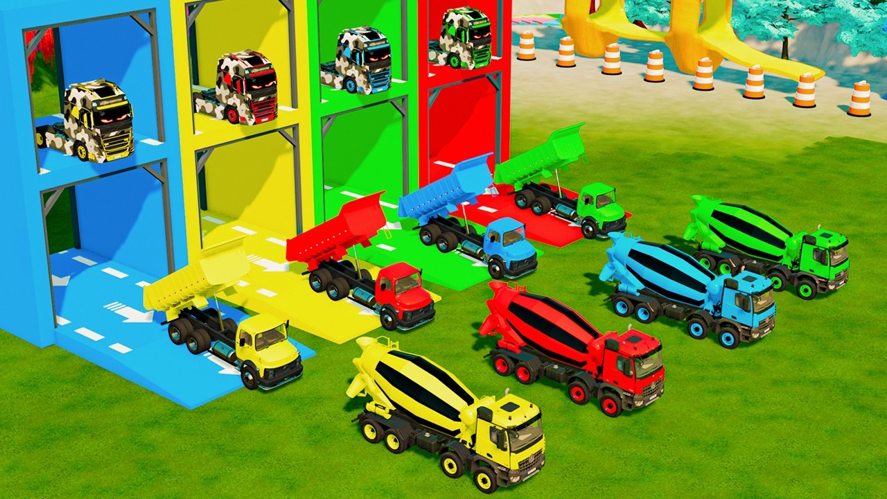 Garage with Colors - ALL MIXER TRUCKS WITH DOUBLE FLATBED TRAILER TRUCK, IVECO, SCANIA, CLAAS - FS22