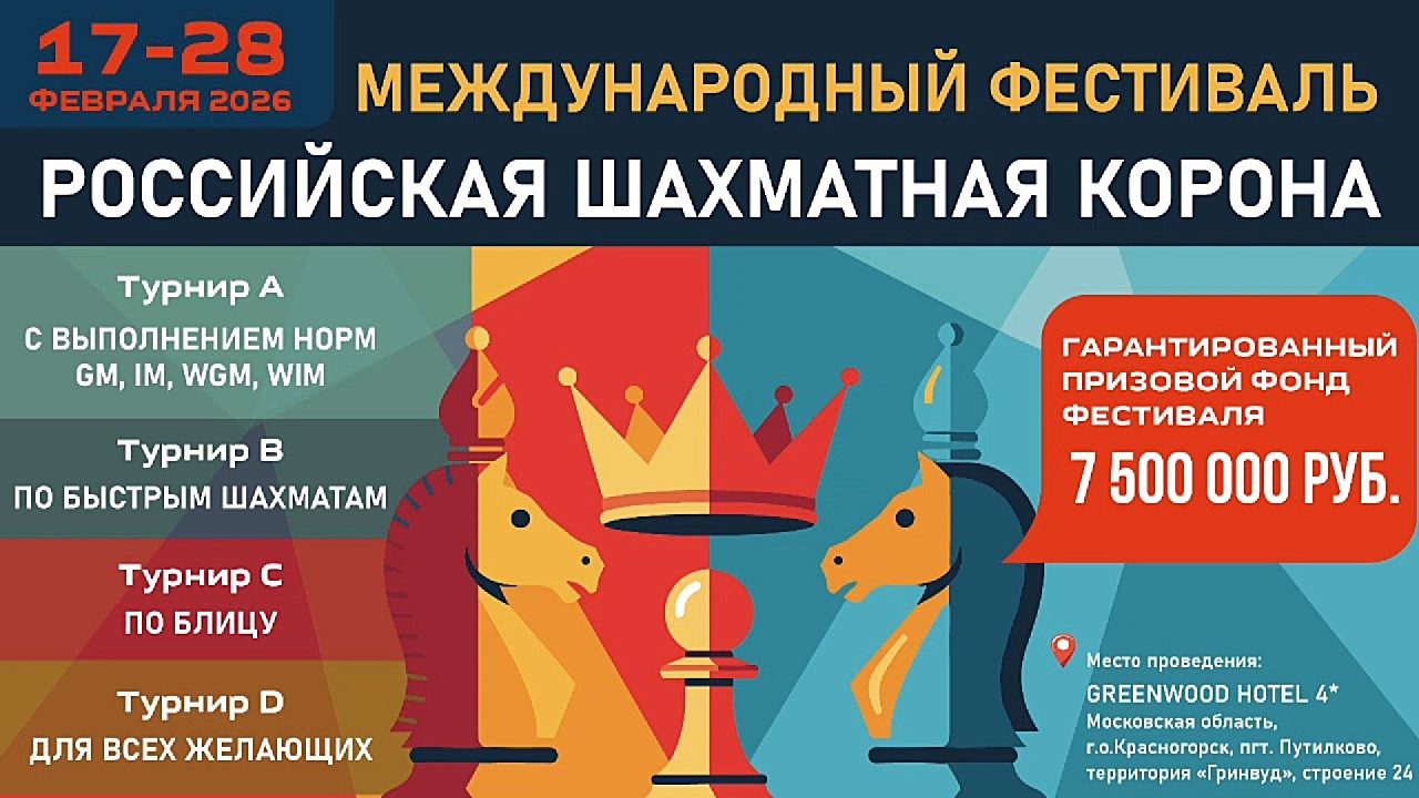 Фестиваль Российская шахматная корона. День 5 ⏰ 22 февраля, 10:00 🎤 Сергей Шипов ♕ Шахматы