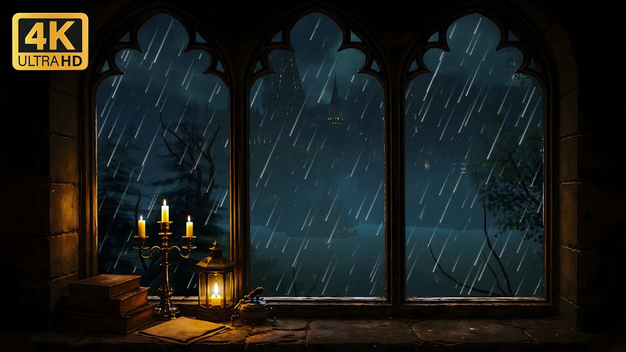 4K Harry Potter Rainstorms Window View - Hogwarts Rain Ambience & Wind Sounds for Study and Sleep
