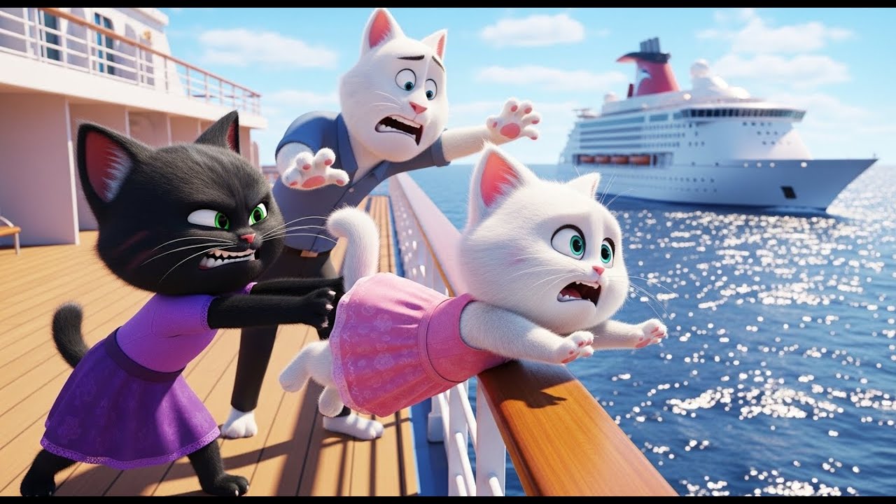 The evil black cat 😈 pushes her innocent white sister 🐱💔 into the ocean 🌊