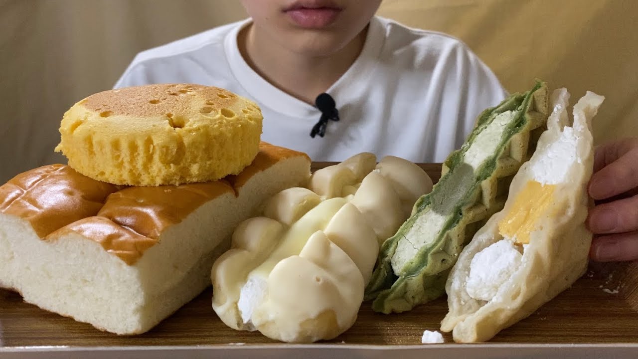 【咀嚼音】ミルキーホイップツイスト、半熟カステラ蒸しケーキ、もちもちワッフル抹茶、カスタード、牛乳パン/과자를 먹는 소리/The sound of eating dessert【ASMR】【食べる】