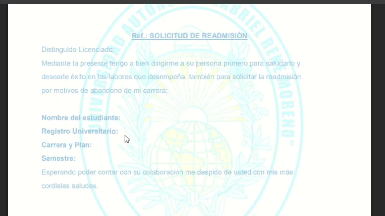 𝗙𝗼𝗿𝗺𝘂𝗹𝗮𝗿𝗶𝗼 𝗱𝗲 𝗥𝗘𝗔𝗗𝗠𝗜𝗦𝗜𝗢́𝗡 𝗨𝗔𝗚𝗥𝗠 | Universidad Aut&oacute;noma Gabriel Ren&eacute; Moreno