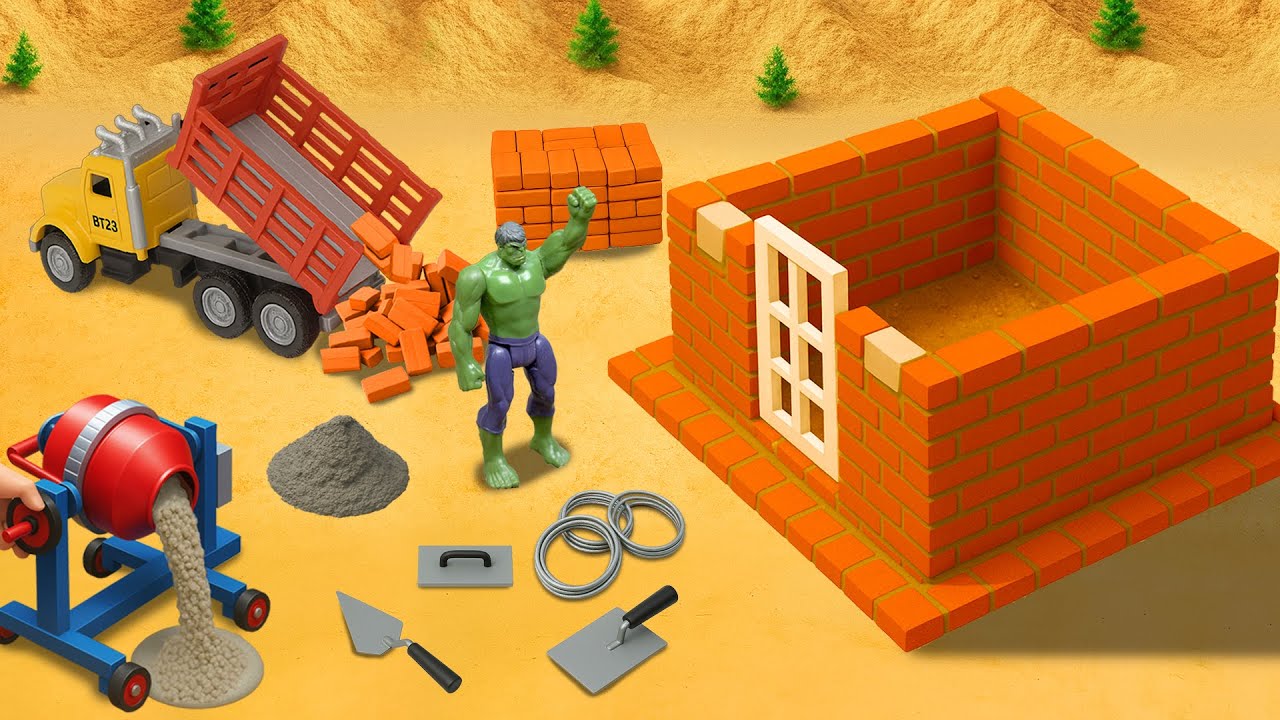 DIY Hulk Builds Mini Brick House Foundation with Cement Mixer | Construction Science Project