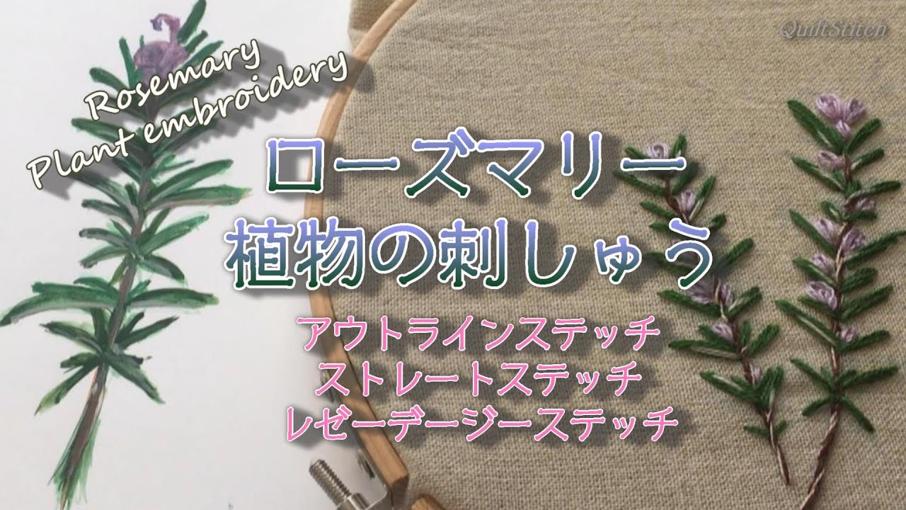 ローズマリー植物の刺しゅう　【アウトラインステッチ】【ストレートステッチ】【レゼーデージーステッチ】