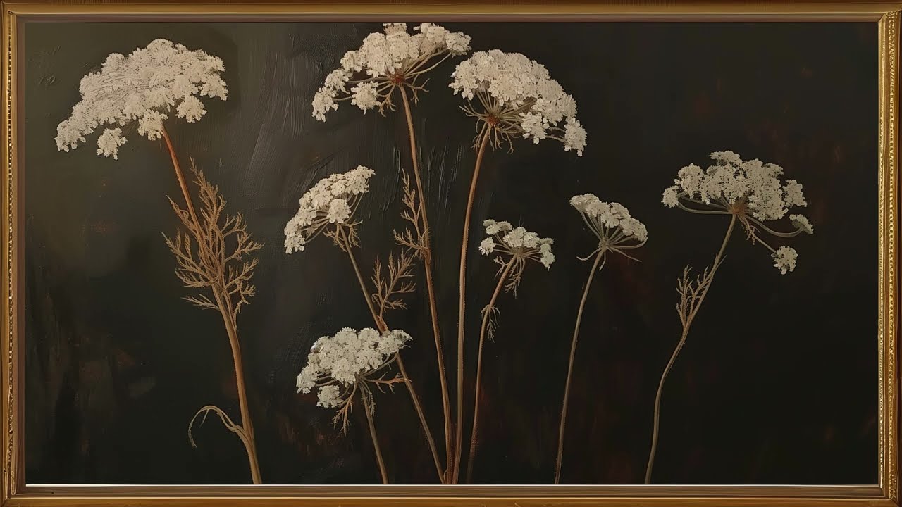 Moody Rustic Queen Anne's Lace Frame tv | Vintage Art | Gold Framed TV Art Screensaver