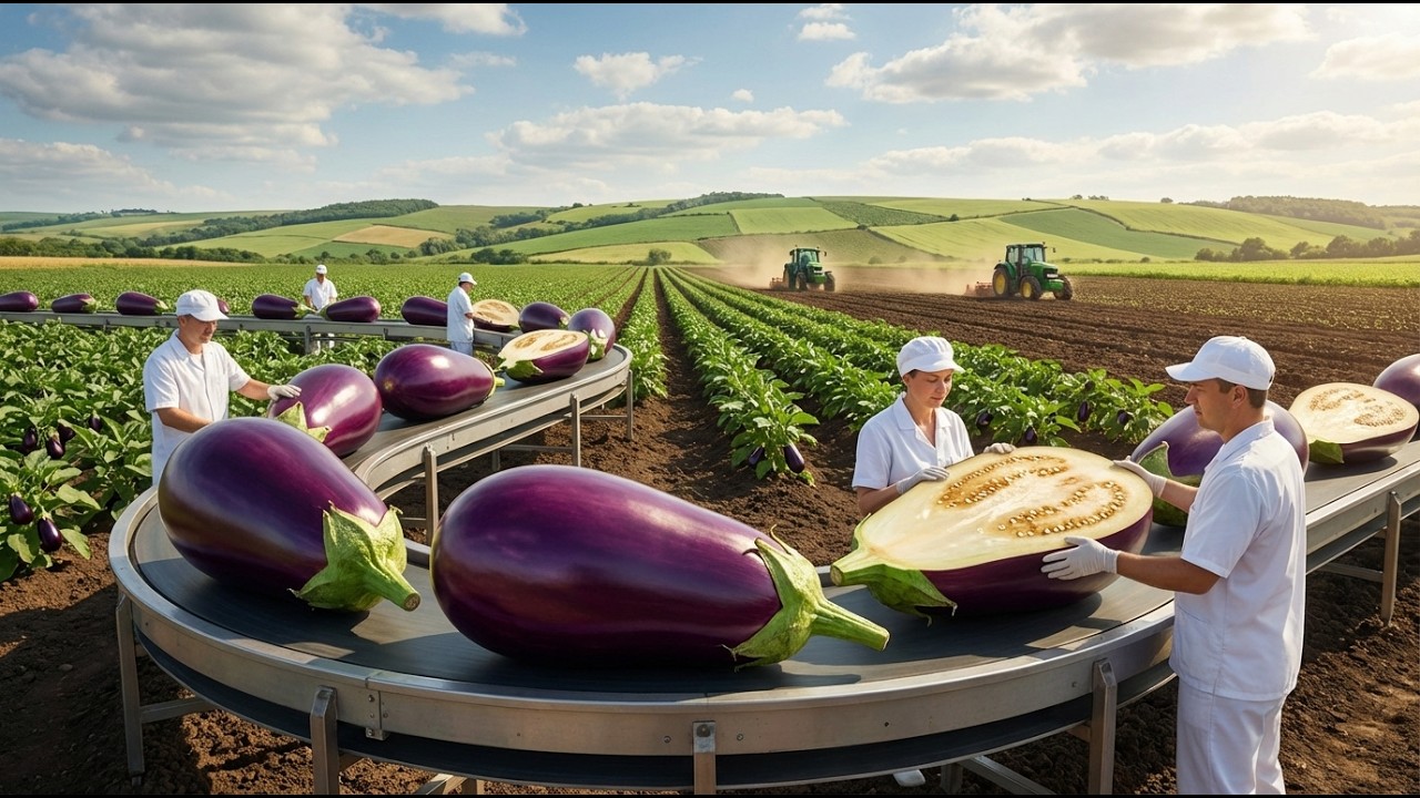 Inside The Largest Eggplant Farm - Processing Factory - From Seed to Full Harvest .🍆🍆