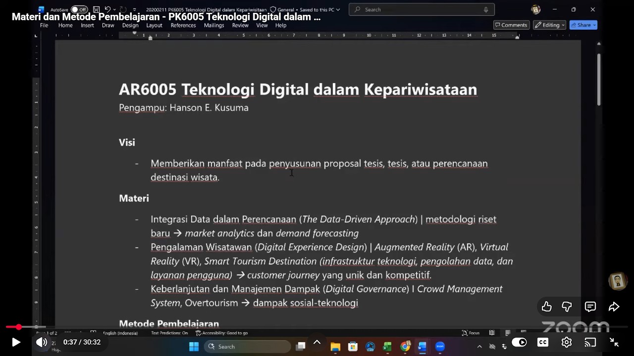 Materi dan Metode Pembelajaran - PK6005 Teknologi Digital dalam Kepariwisataan