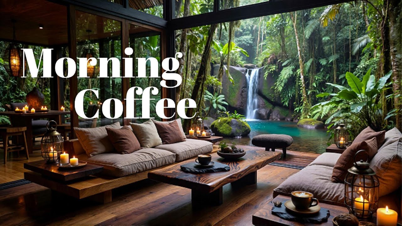 Morning Coffee Ambience ☕🌿 Waterfall Views & Smooth Jazz | Relax, Focus & Calm Vibes